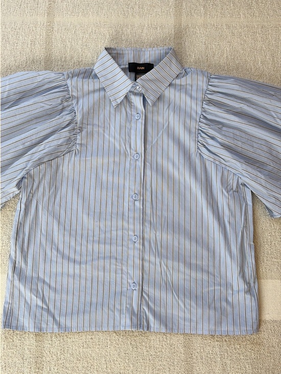 Rain Tops - RAIN Striped Light Blue Puff Sleeve Button-Up Blouse